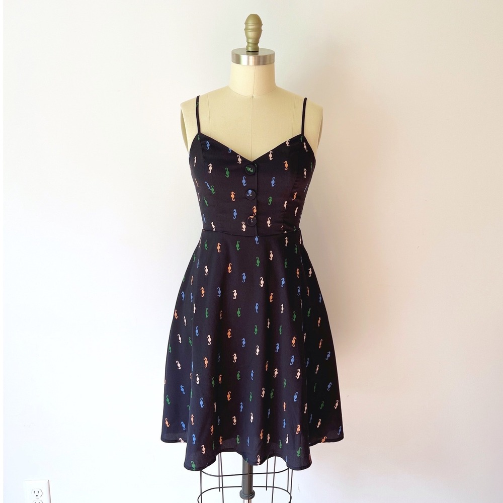 ModCloth Living Lightheartedly‎ Dress Navy Blue Seahorse Print Pockets Size 2
